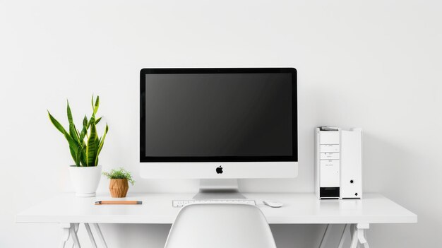 Minimalist Workspace with a White Desk a Computer and a Single Desk Plant