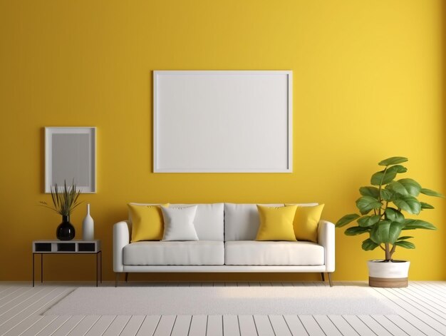 Minimalist Yellow Living Room Interior Design with Blank White Picture Frame Mockup Generative AI