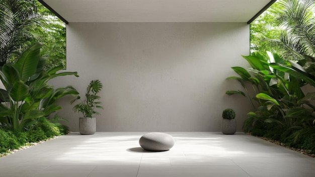 Photo a minimalist yoga studio with a smooth gray stone floor and a large gray stone wall lush gre