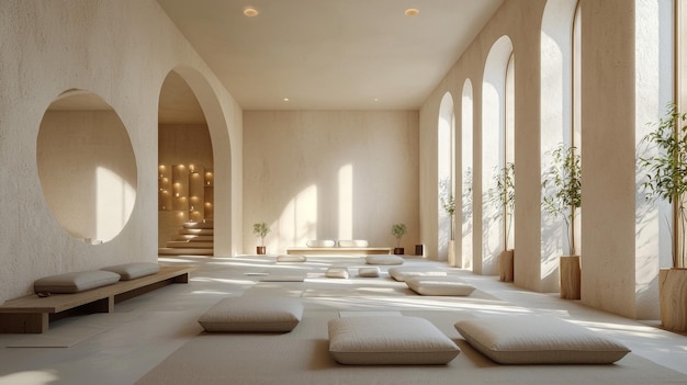 Minimalist Zen Meditation Room With Cushions Sunlight and Archways