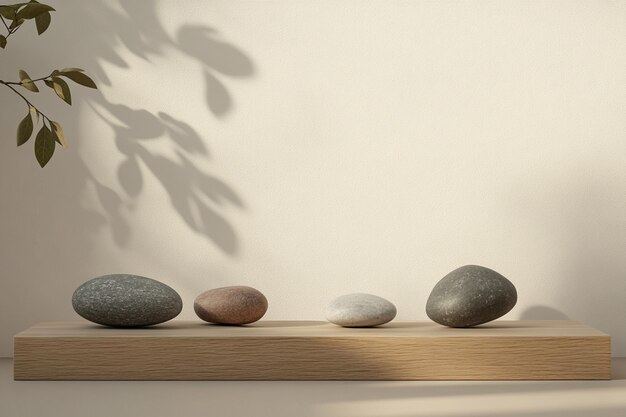 Photo minimalist zen podium with stones and palm leaf shadow