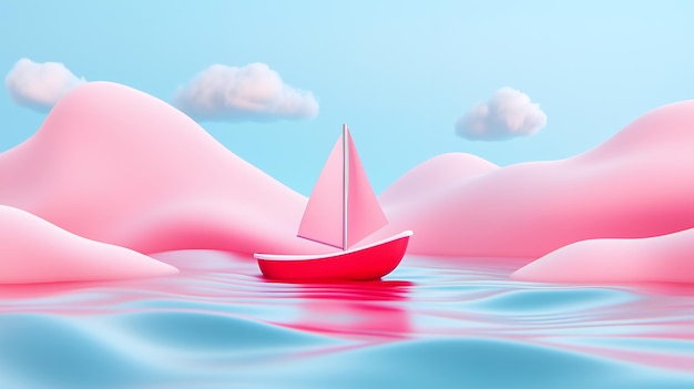 Minimalistic 3D illustration of a red sailboat on a blue and pink wavy background