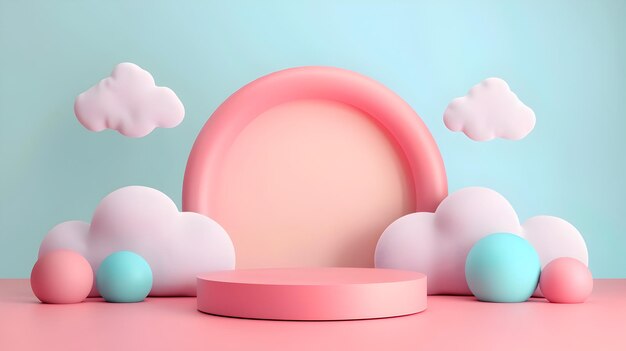 Photo minimalistic 3d rendered podium scene with pastel nursery props for kid product presentation