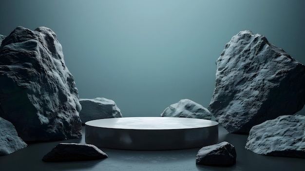 Minimalistic 3D Rendered Stone Podium for Product Presentation in Dark Atmosphere