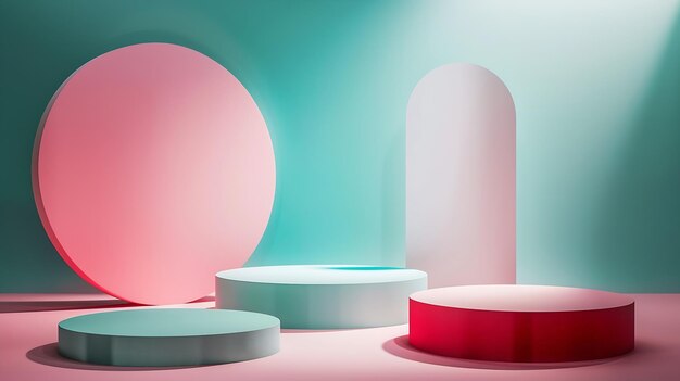 Minimalistic abstract scene with geometric empty podiums decorated on color backgrou Generative AI