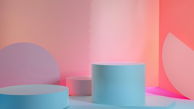 Minimalistic abstract scene with geometric empty podiums decorated on color backgrou Generative AI