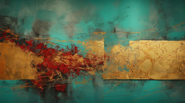 A Minimalistic Abstract Texture of Turquoise Red and Gold Paint Generative AI