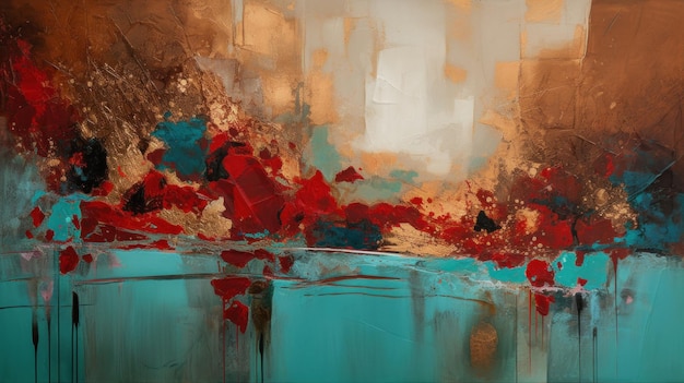 A Minimalistic Abstract Texture of Turquoise Red and Gold Paint Generative AI