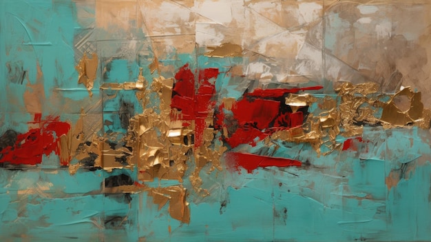 A Minimalistic Abstract Texture of Turquoise Red and Gold Paint Generative AI