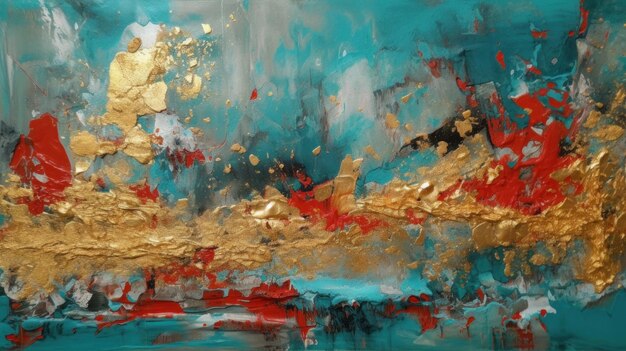 A Minimalistic Abstract Texture of Turquoise Red and Gold Paint Generative AI