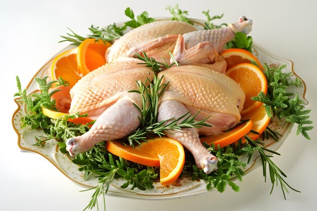 Minimalistic arrangement of raw chicken drumsticks garnished with fresh parsley ready for cooking presented on a white background