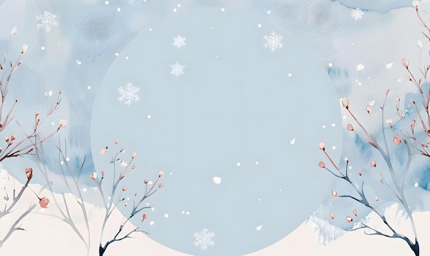 Photo minimalistic back background in a circle with various snowflakes and tree branches