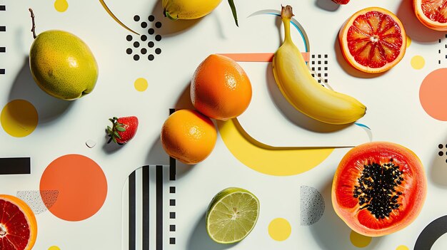 Photo minimalistic background with fruits reflecting bauhaus functionality and primary colors