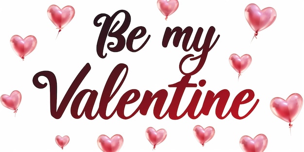 Minimalistic Banner with illustrated red balloon hearts on white background and text Be my Valentine Copy space