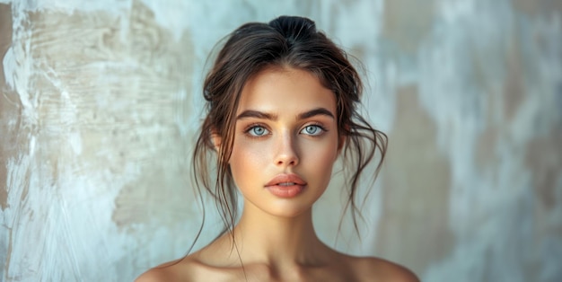 Minimalistic beauty portrait of young female with blue eyes and freckles