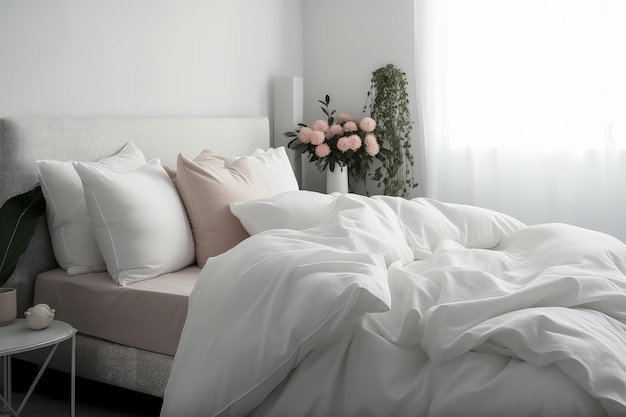 A minimalistic bedroom with a clean white bed comfortable pillows a blanket