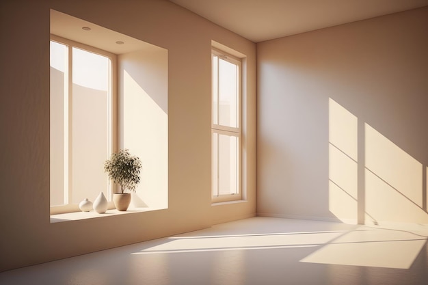 Minimalistic beige room with sunlight empty room with a window Generative AI