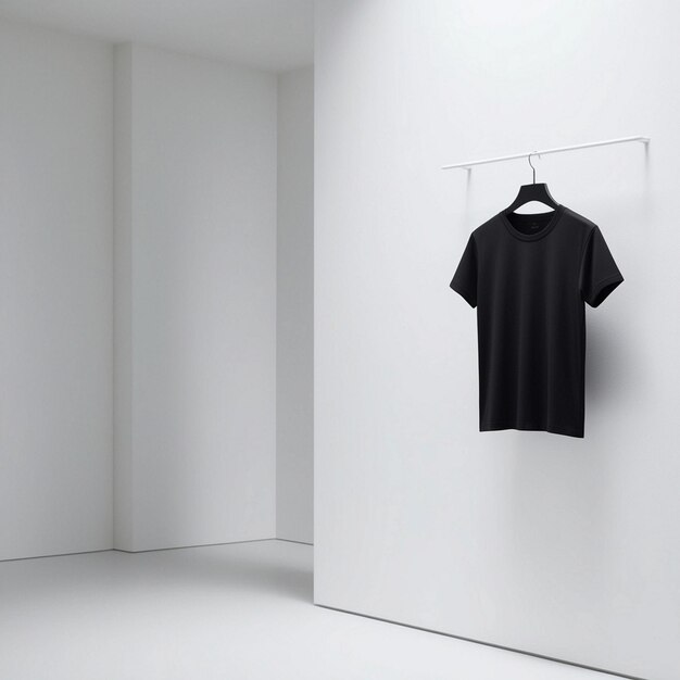 Minimalistic Black TShirt Display on White Wall