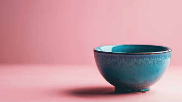 Minimalistic blue ceramic bowl on a soft pink backdrop