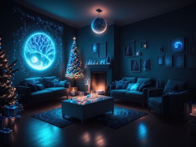 Minimalistic blue neon illuminated domestic christmas interior neural art