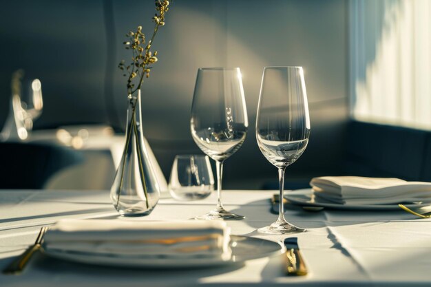 Minimalistic brunch setup bathed in natural light with elegant glassware and subtle decoration evoking a fresh and serene atmosphere