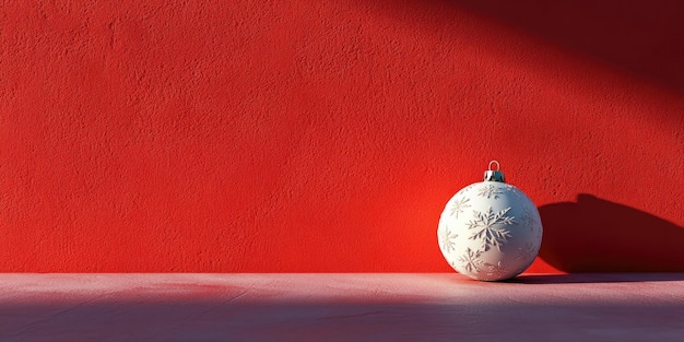 Minimalistic Christmas ball resting on a flat surface against a plain red wall casting a long shadowxA