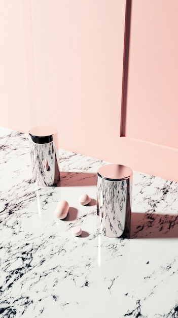 Photo minimalistic chrome podium displaying cosmetics on marble surface