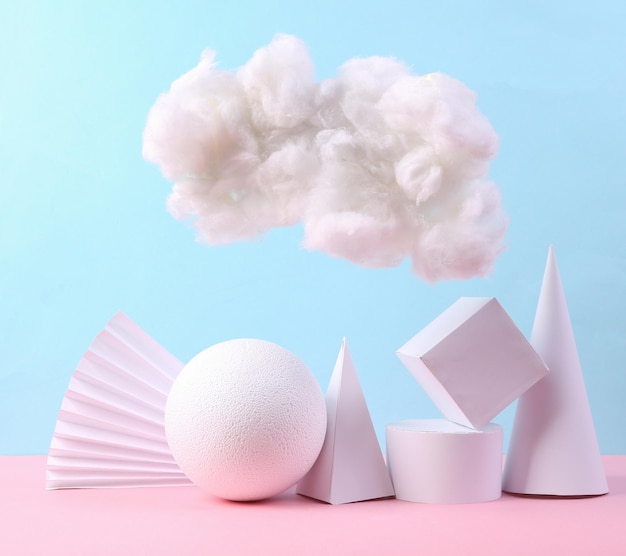 Minimalistic composition of geometric shapes and fluffy cloud on a blue pink pastel background Minimalism background Concept art