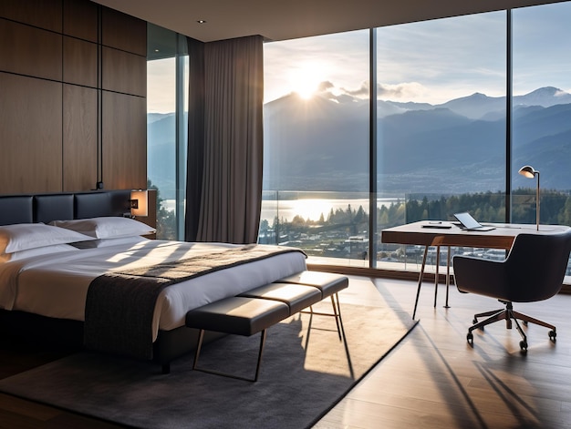 Minimalistic Contemporary Hotel Room with Mountain View