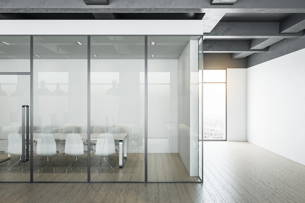 Minimalistic coworking loft office room with meeting table and blank wooden floor