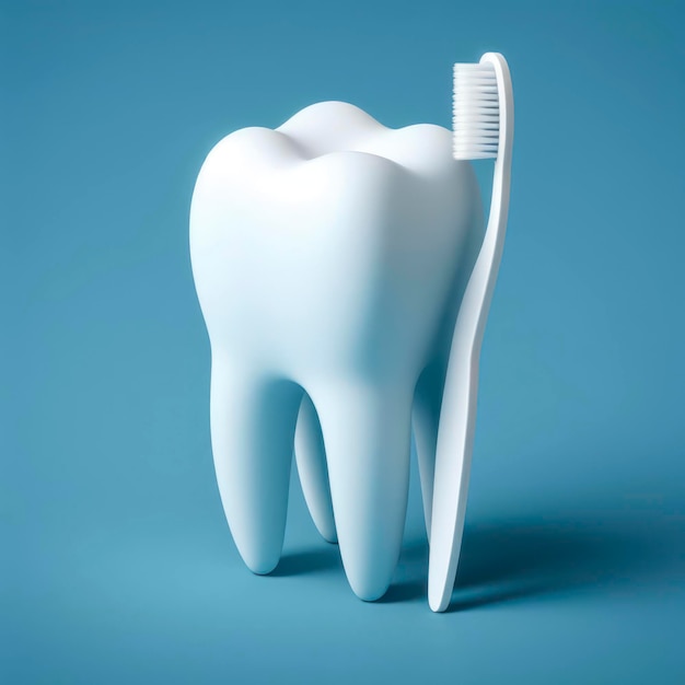 minimalistic dental tooth care 3d on blue background tooth and brush ai generative