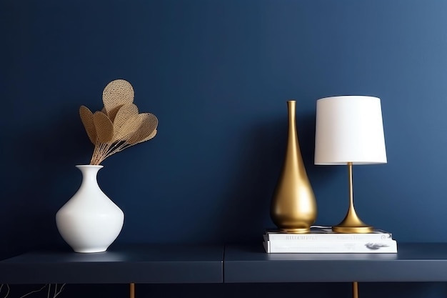 Minimalistic design scandinavian interior with dark blue wall A lamp and accessories Generative AI