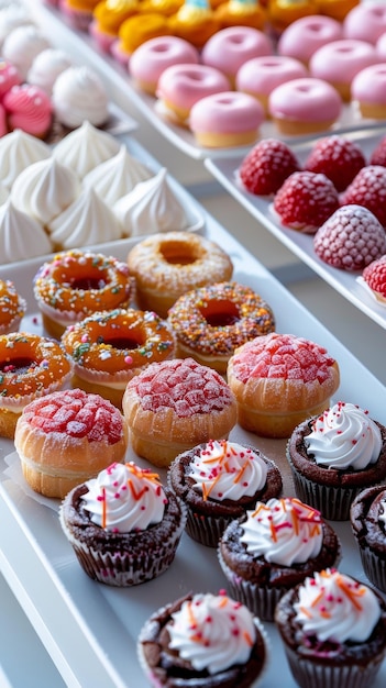 Minimalistic dessert buffet assorted pastries and sweets on isolated white background