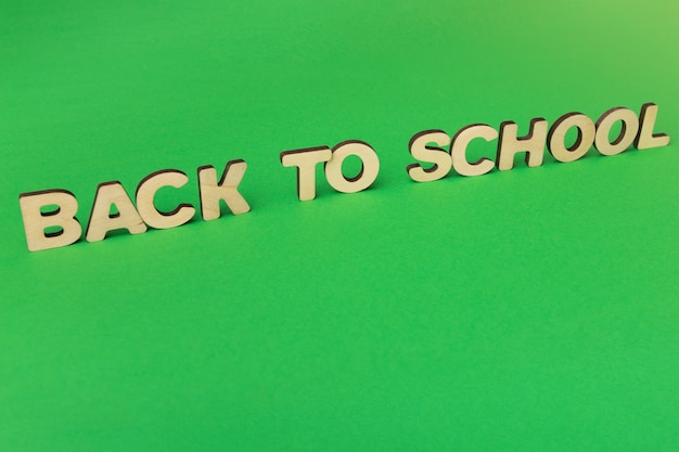 Minimalistic educational background of wooden letters arranged in phrase Back to school on green surface, copy space