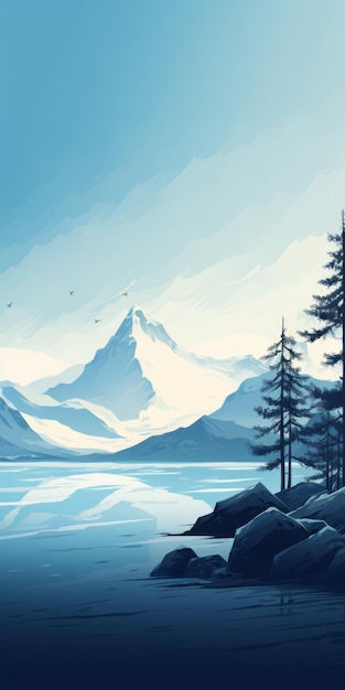 Minimalistic Fjord Art Print Illustration Tranquil Lake On Mountain Background