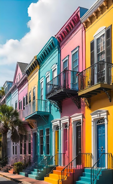 minimalistic flat color retro print depicting a rainbow row of houses in an old European town landm