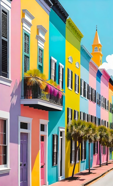 minimalistic flat color retro print depicting a rainbow row of houses in an old European town landm