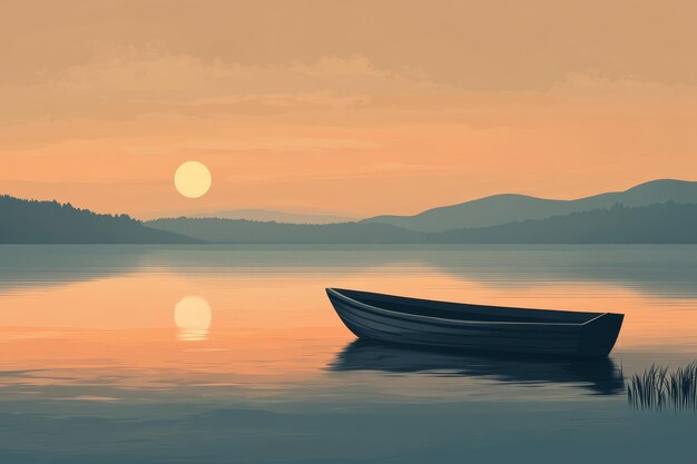 Minimalistic flat illustration of serene lake at sunrise in tranquil summer setting