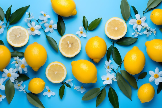 Minimalistic flat lay photograph of lemons and leaves on a bright blue background