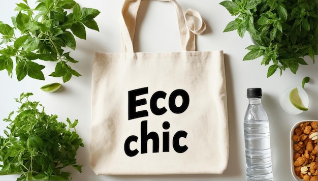 Photo minimalistic flat lay photography showcasing a stylish canvas tote bag labeled eco chic complemented