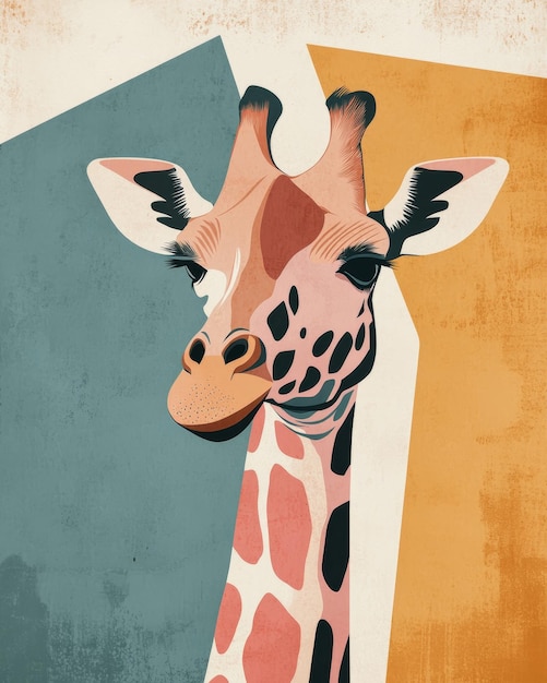 Minimalistic graphic neo brutalism giraffe poster featuring oversized features in pastel colors