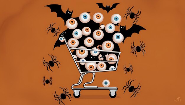 Photo minimalistic halloween layout with eyeballs bats and spiders in shopping cart on orange background