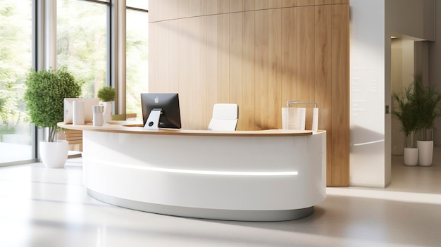 a minimalistic hospital reception area with a focus on a well designed information desk or kiosk