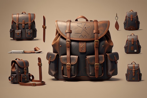 Minimalistic illustrations of a Medieval Backpack DD style Medieval minimalistic background Black and Brown Leather Backpack