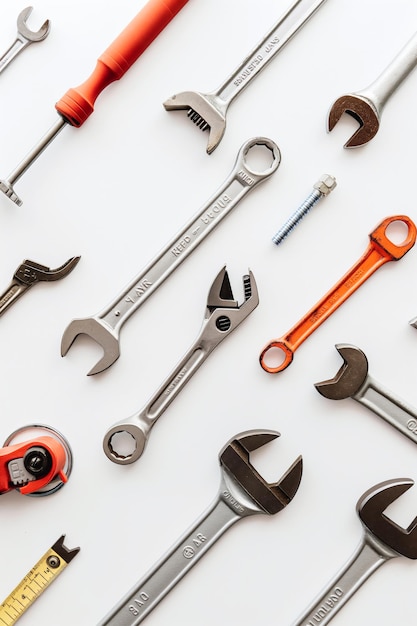 A minimalistic image of essential plumbing tools like wrenches pliers and pipe cutters arranged on a white background