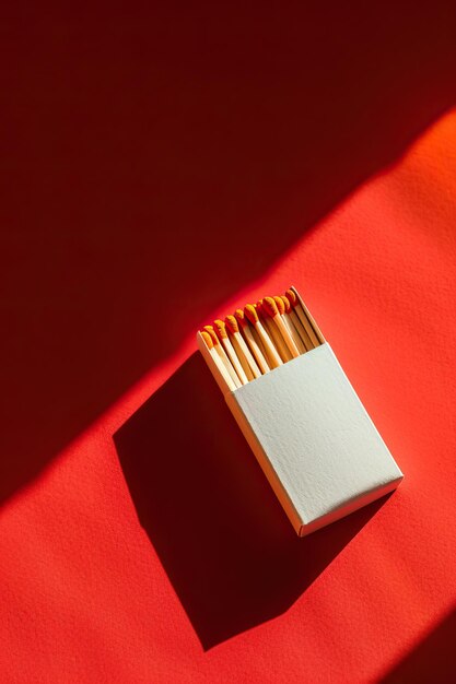 Photo minimalistic image of a white matchbox with orangetipped matches on a red background bathed in bright sunlight casting shadows