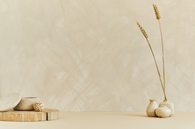 Minimalistic interior design with copy space, natural materials as wood and marbel, dry plants and personal accessories. Neutral beige colors, template.