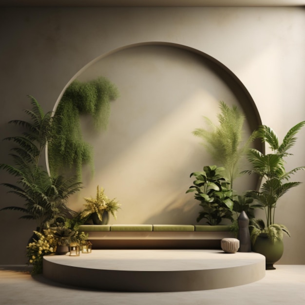 Minimalistic interior design with round podium and plants 3D Rendering