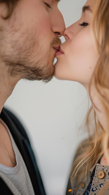 Photo minimalistic international kissing day photoreportage of couple kissing on bright white background