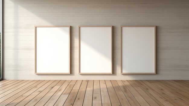 Minimalistic Japanese Inspired Wooden Framed Pictures On Wood Floor